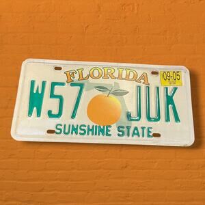 Florida License Plate Tag W57 JUK Sunshine State 09-05 Green Orange